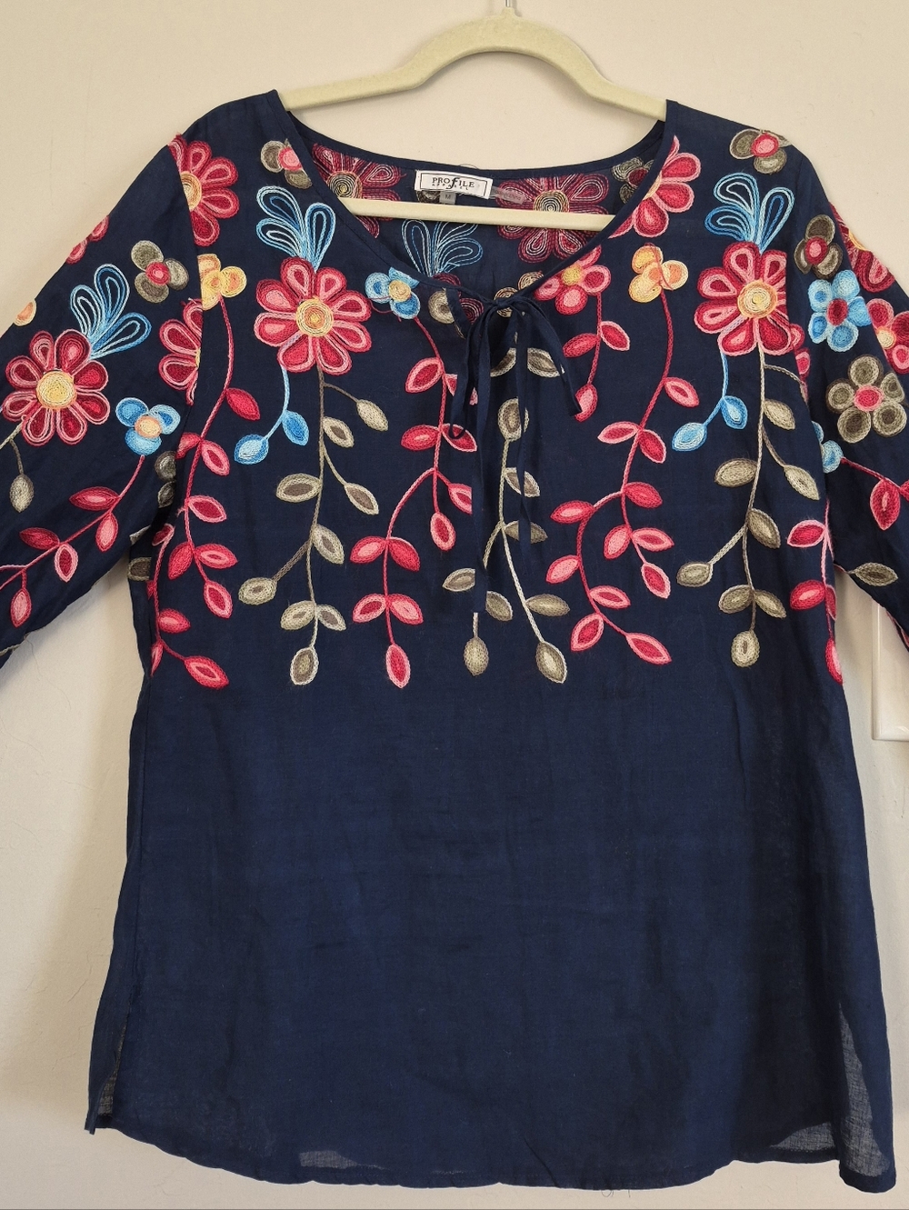 Embroidered Navy Floral Tie-Neck Womens Top